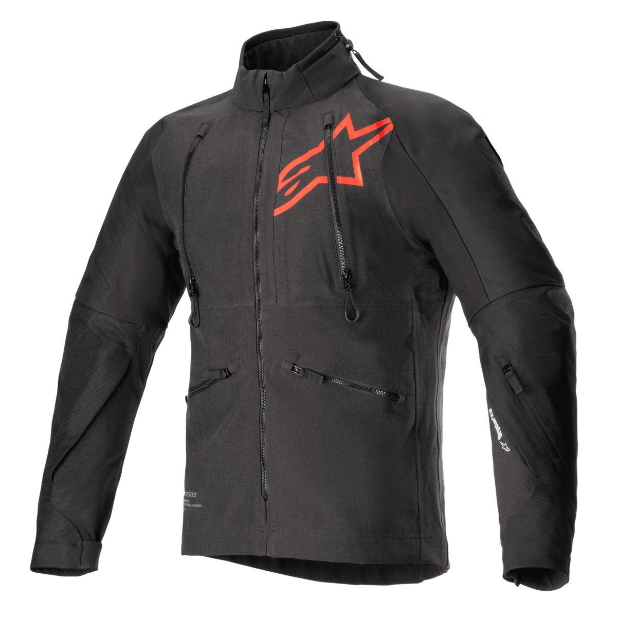 Alpinestars Hyde XT Drystar XF Jacket, Black and Bright Red technical motorcycle jacket, large red star logo on the chest, vertical chest ventilation zippers, high collar, textured four-way stretch fabric, designed for adventure and off-road riding