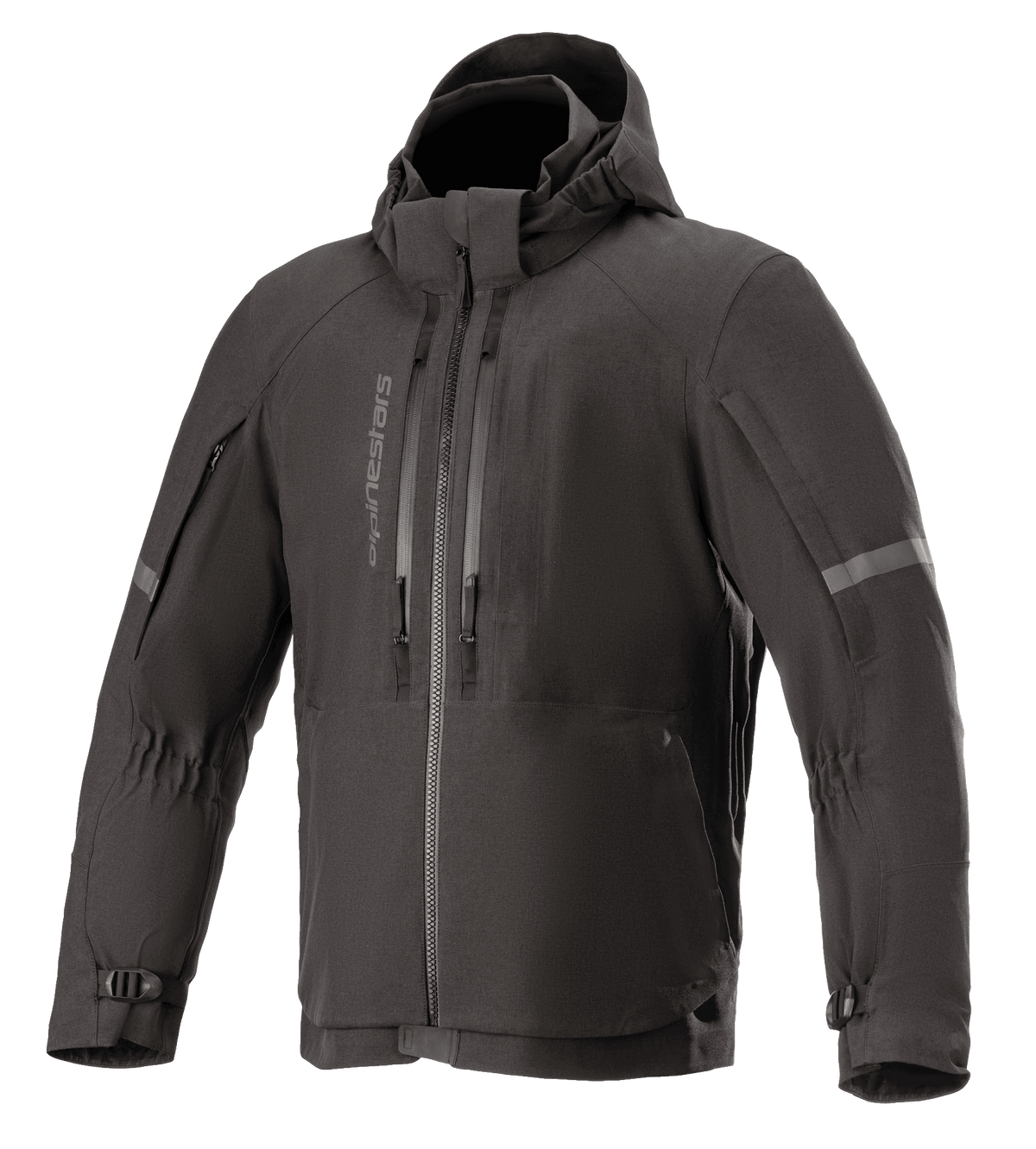 Alpinestars Sirius Drystar Techshell Jacket, Waterproof Motorcycle Jacket, Melange Black, hooded textile design with vertical chest zippers, reflective stripes on sleeves, and adjustable buckled cuffs