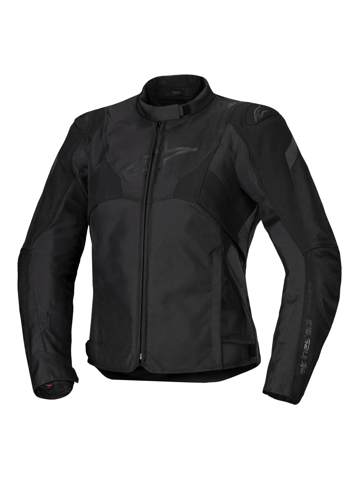 Alpinestars Stella T-Jaws V4 Waterproof Jacket, Women's Motorcycle Jacket, Black on Black, front zipper closure, ergonomic collar, subtle Alpinestars logo on the chest, durable textile construction with a racing-inspired sport fit