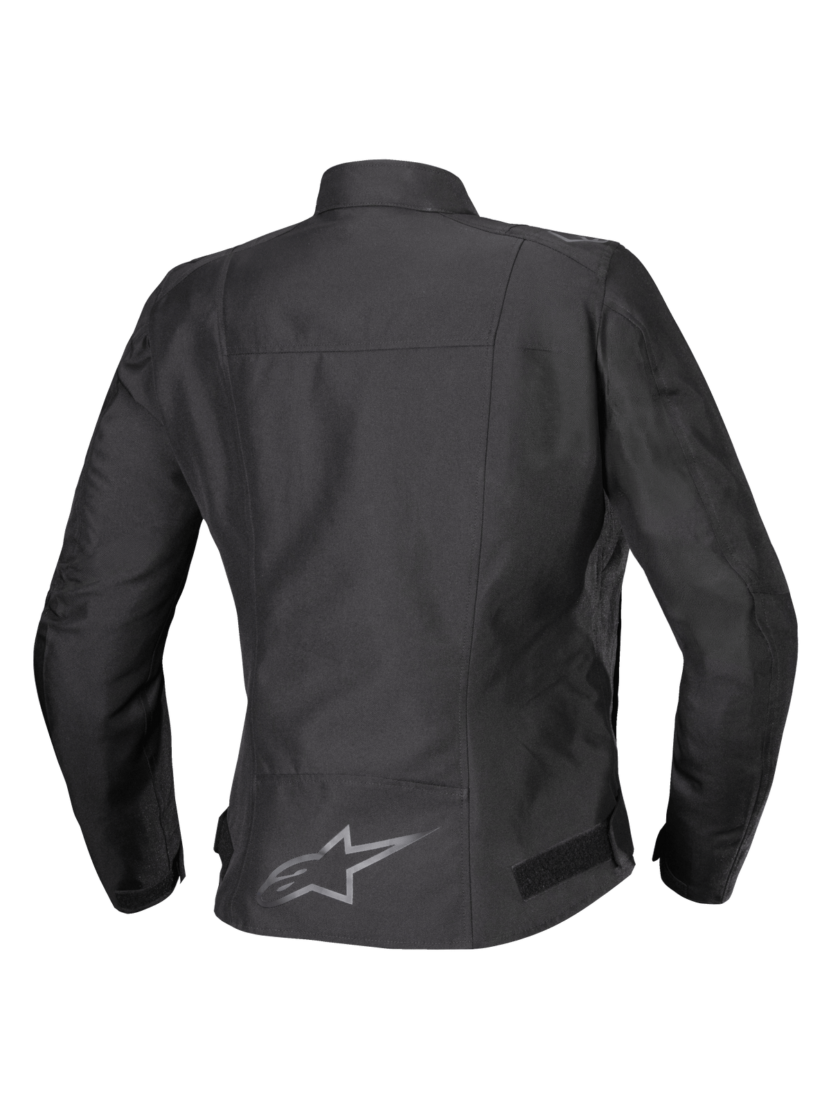 Alpinestars Stella T-SPS V2 Waterproof Jacket, Back View, Black, women's textile motorcycle jacket featuring a reflective logo on the lower back and a sport-contoured silhouette