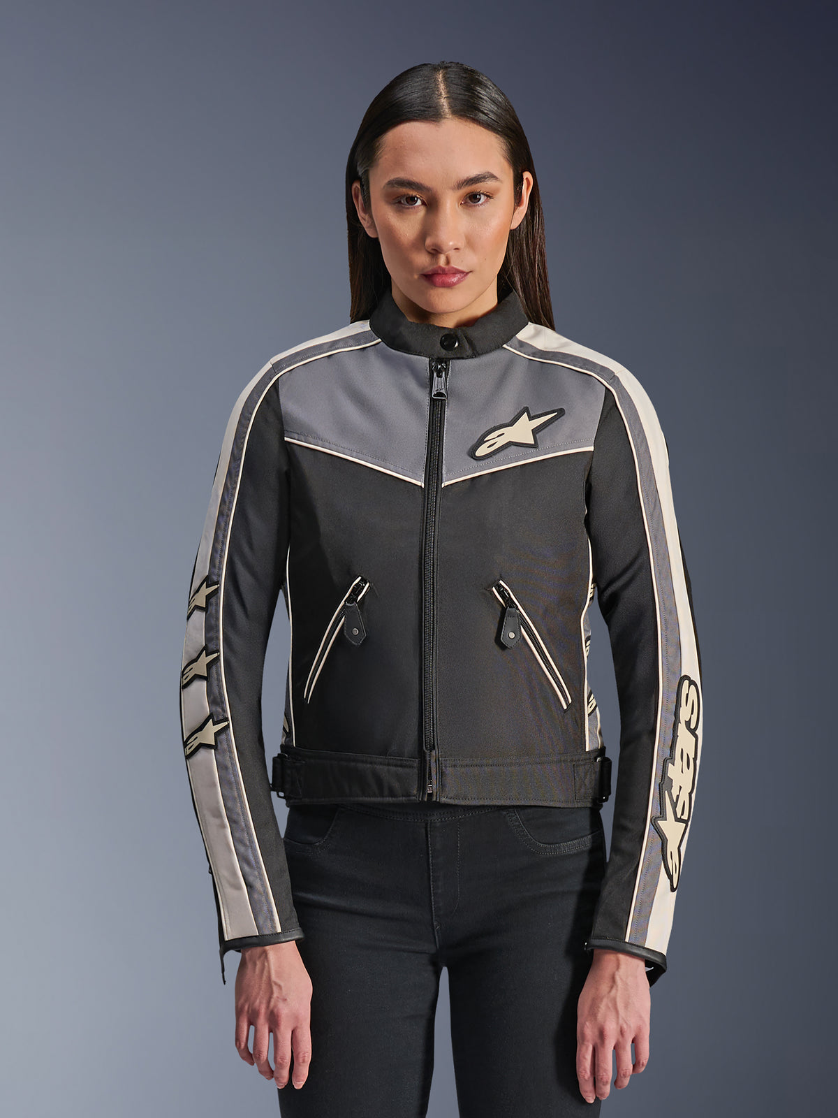 Alpinestars Stella T-Dyno WR Jacket, Women's Textile Motorcycle Jacket, Black with Dark Gray and Ecru accents, vintage-inspired biker fit, zippered front and pockets, featuring Alpinestars branding and star logos on sleeves, protective road gear