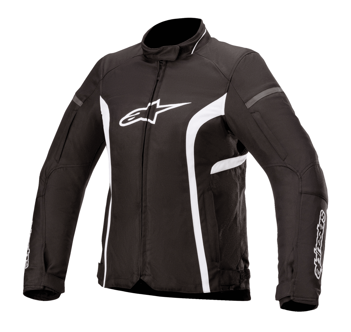Alpinestars Stella T-Kira V2 Waterproof Jacket, Women's Textile Motorcycle Jacket, Black and White, featuring a high collar, central zipper, white chest logo, and curved white stripes on the sides, sporty road-riding design.
