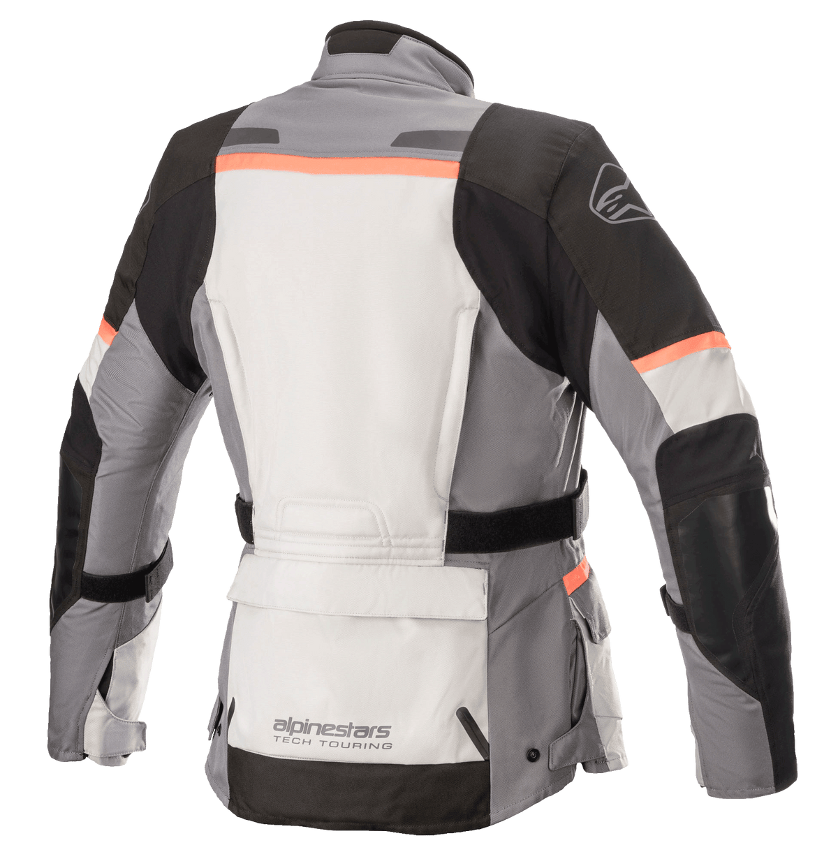 Alpinestars Women Stella Andes V3 Drystar® Jacket, Motorcycle Jacket, Ice Gray, Dark Gray, Black and Coral, rear view featuring a large lower back utility pocket, adjustable waist belt, and coral accents on the shoulders and back.