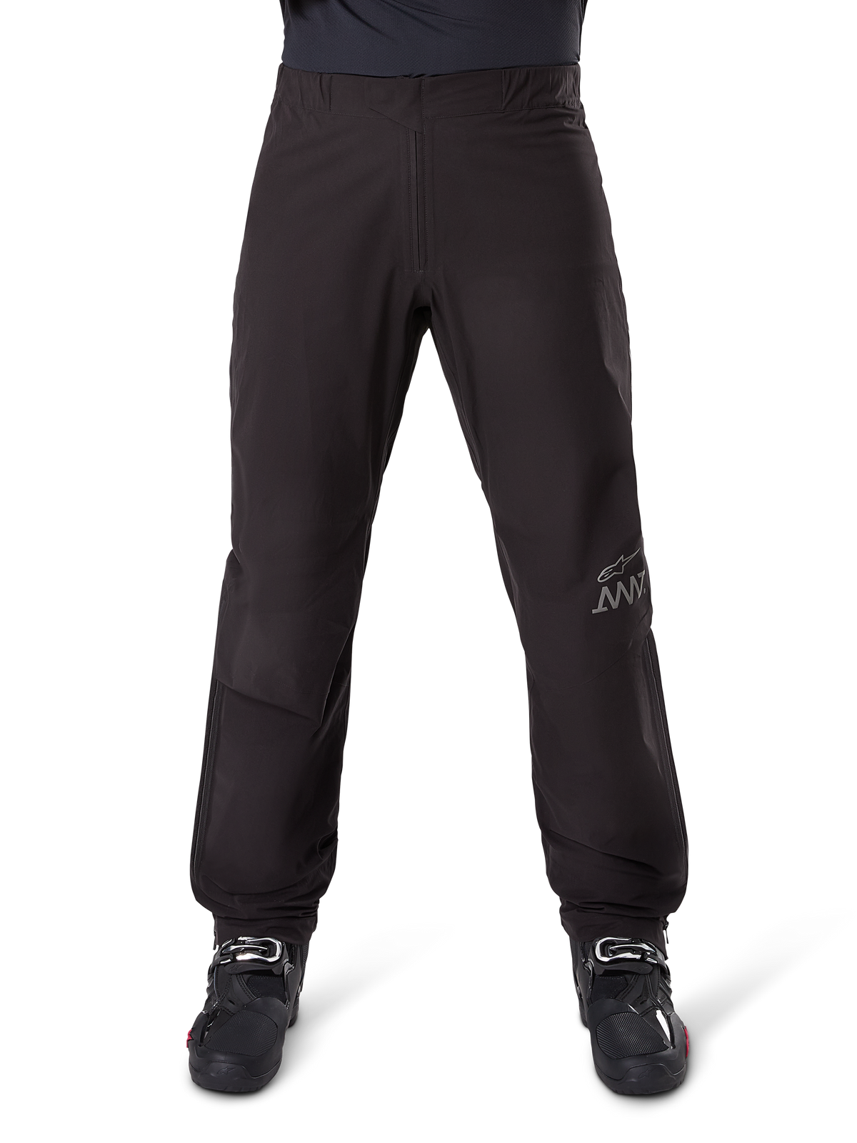 Alpinestars Amt 8 Stretch Drystar® XF Pant Liner, Black, sleek waterproof and windproof layer, featuring AMT branding on the leg, shown worn with black riding boots, streamlined and ergonomic adventure touring design.