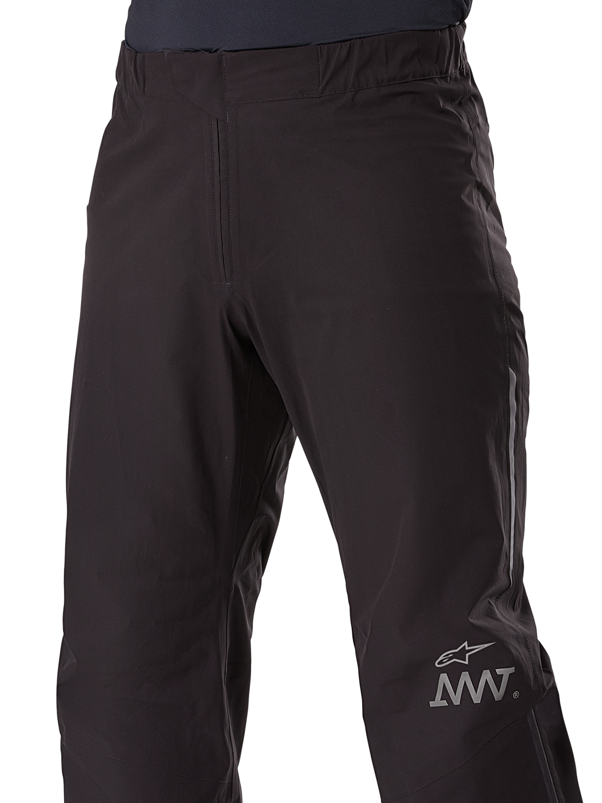 Alpinestars AMT-8 Stretch Drystar® XF Pant Liner, Motorcycle Pant Liner, Black, featuring Alpinestars star and AMT logo on the leg, elastic waistband, sleek waterproof textile construction