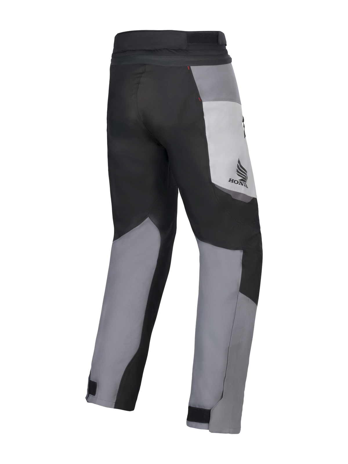 Alpinestars Honda St-1 Waterproof Pants, Motorcycle Touring Pants, Ice Gray, Dark Gray, and Black, rear view showing multi-panel textile design, Honda logo on the thigh, and adjustable ankle closures for all-weather riding.