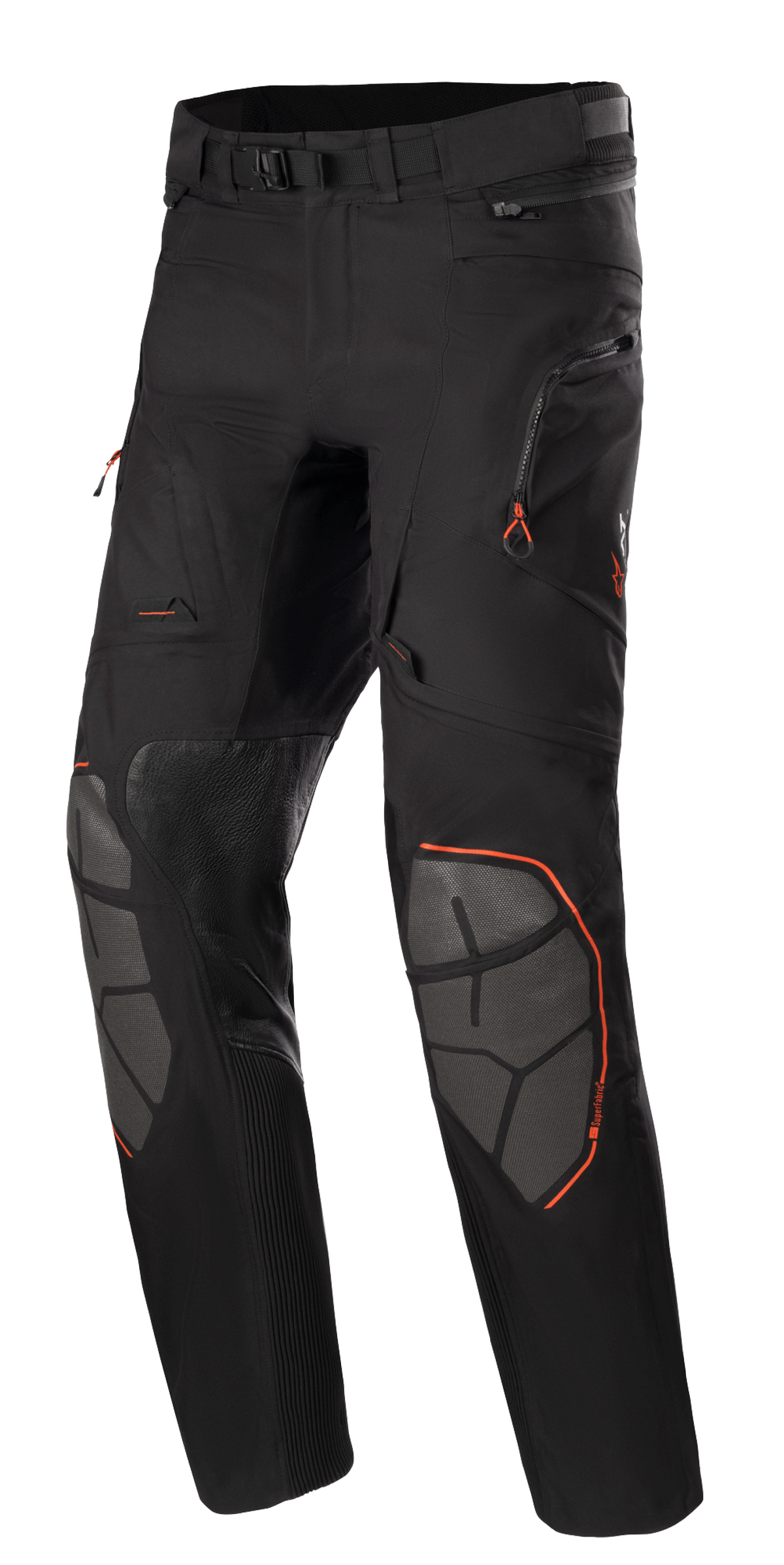 Alpinestars AMT-10R Drystar XF Pants, Adventure Touring Motorcycle Pants, Black with Orange Accents, featuring grey Superfabric knee reinforcements, adjustable waist belt, zippered pockets, and waterproof laminated design