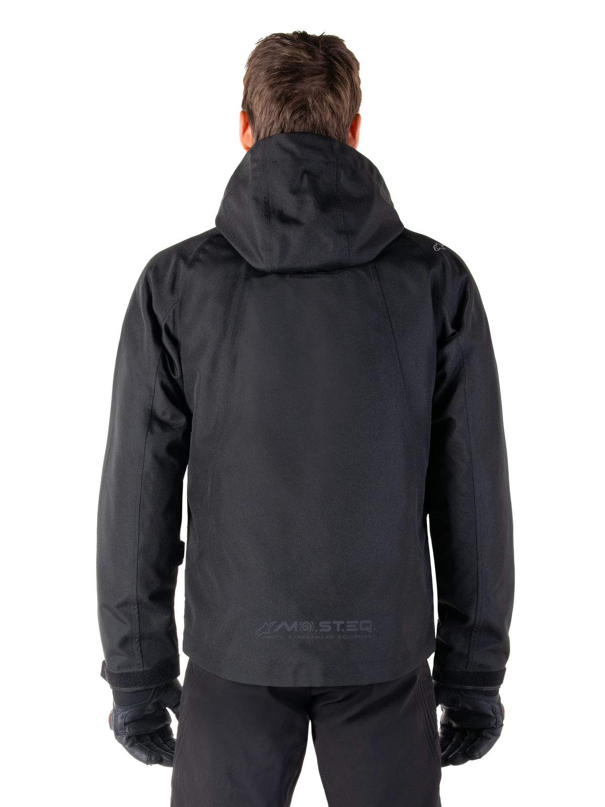Alpinestars Morush Waterproof Parka, Black Urban Men's Motorcycle Jacket, Rear View with Hood and Reflective MO.ST.EQ. Logo.