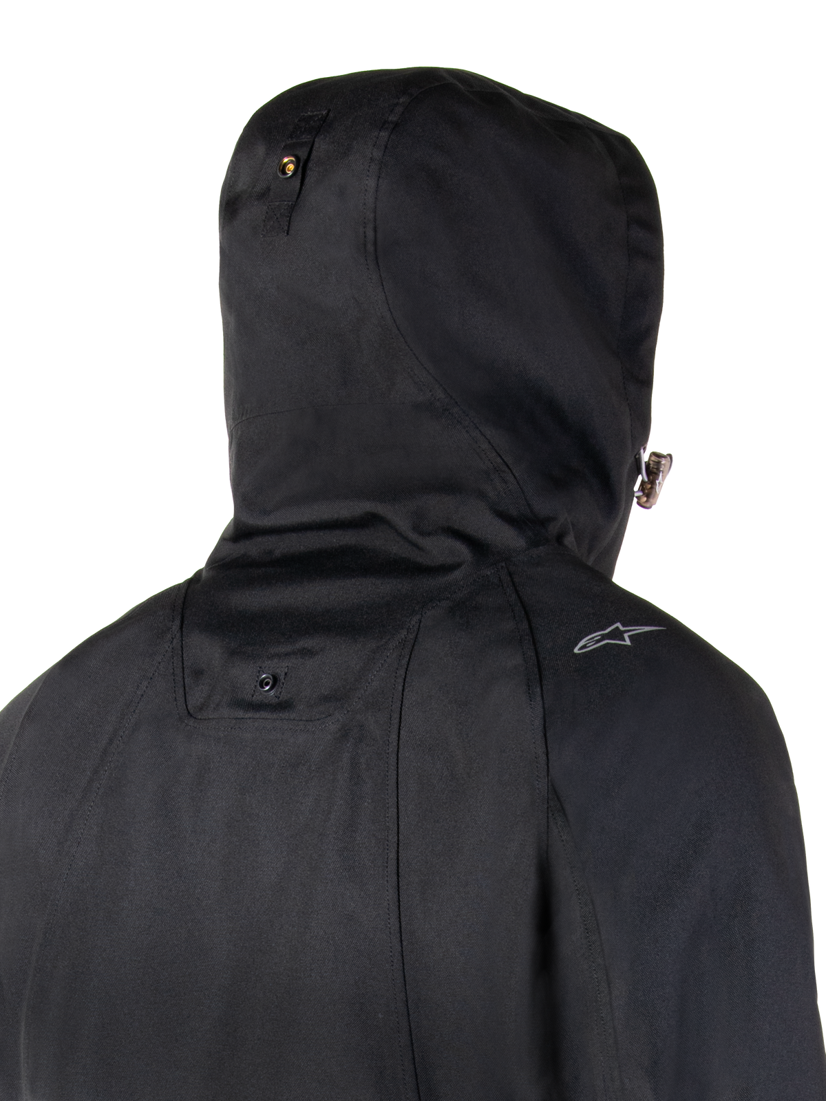 Alpinestars Morush Waterproof Parka, Urban Motorcycle Jacket, Black, featuring a stormproof hood with snap button anchor.