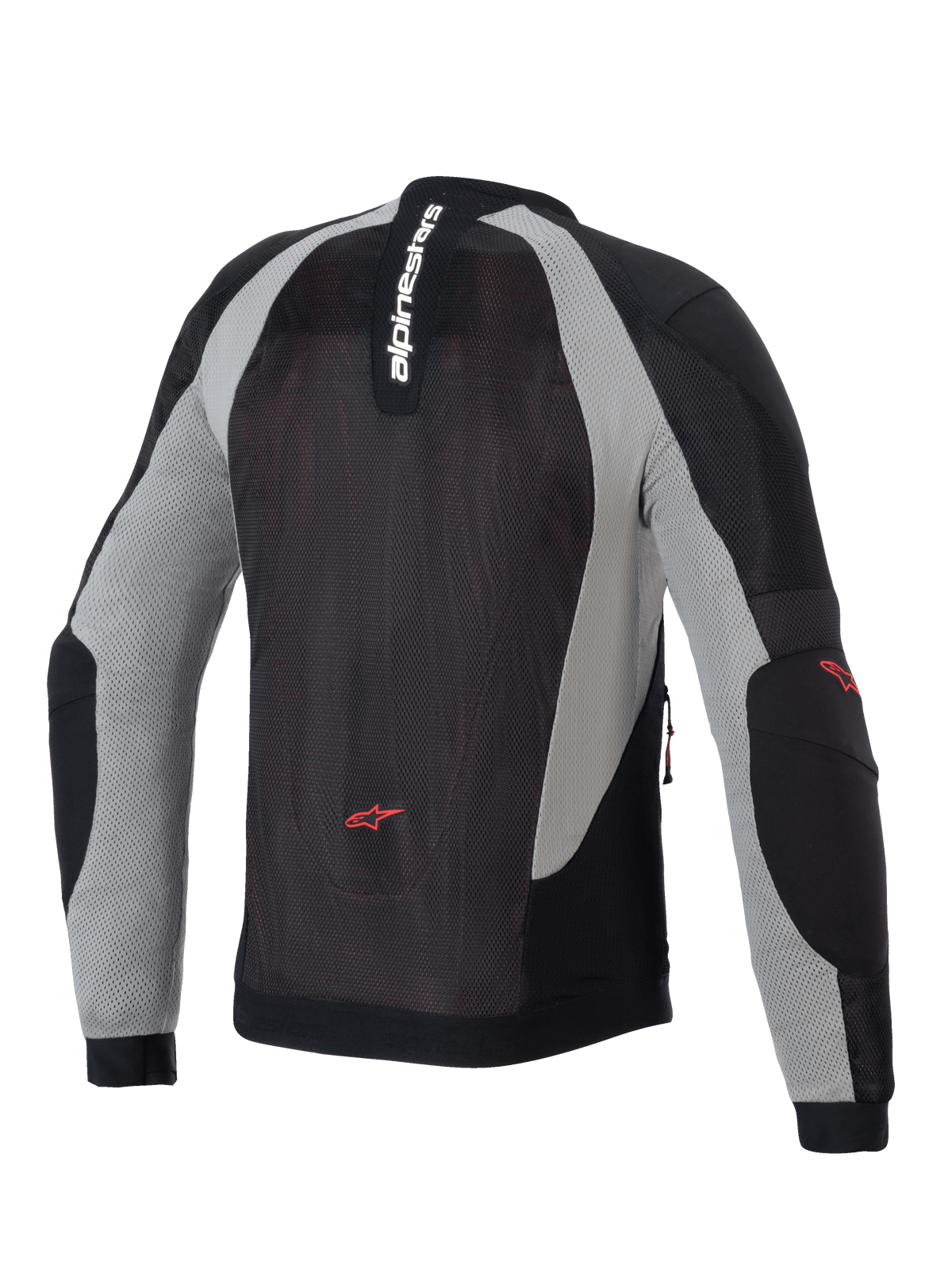 Alpinestars Troop-Air Jacket, Motorcycle Air Jacket, Black Ash Gray and Bright Red, Rear view showing technical mesh construction, vertical Alpinestars branding on the collar, and red star logos on the lower back and elbows.