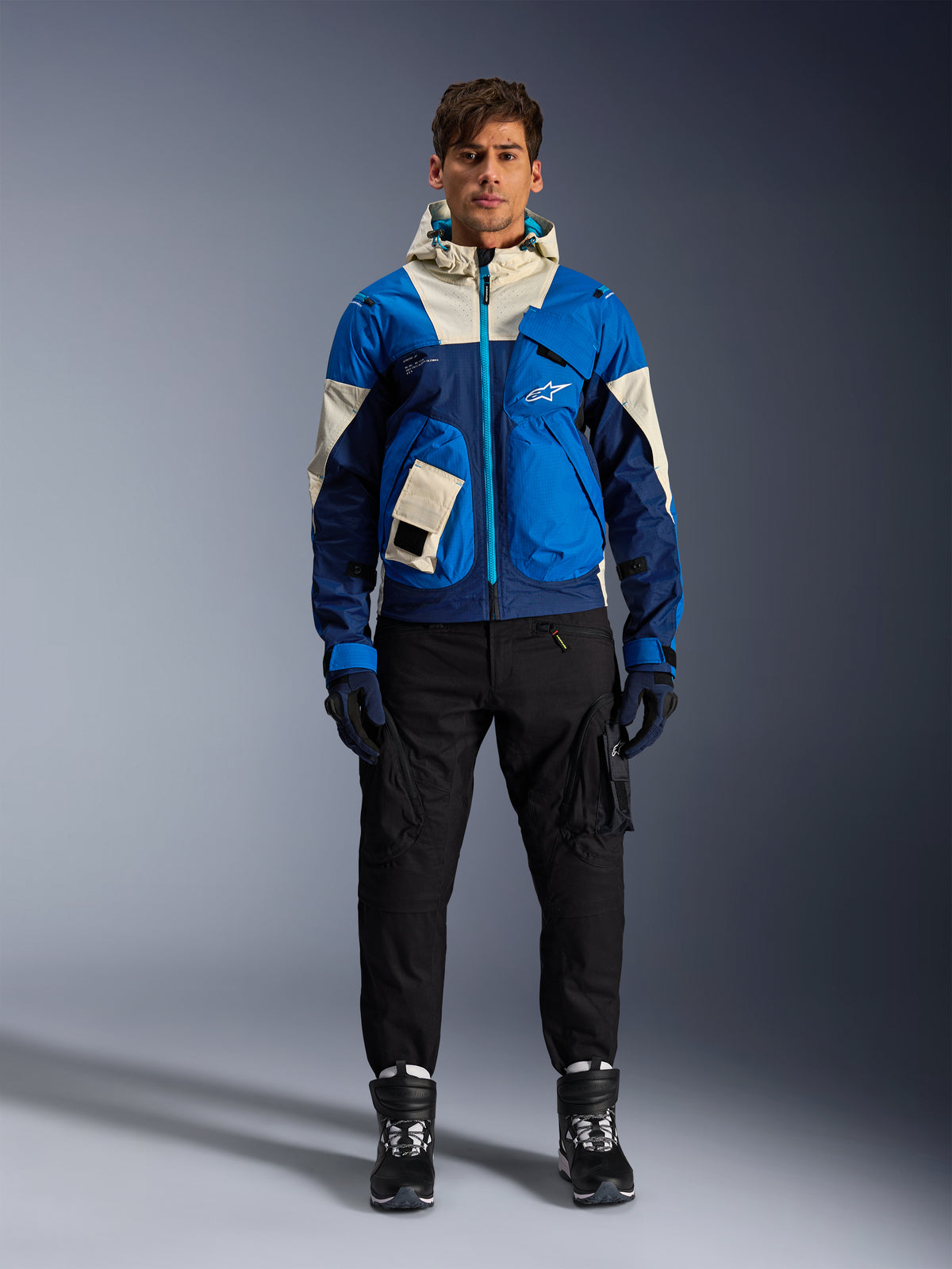 Alpinestars Mogress Air Jacket, Urban Motorcycle, Man, Blue Almond, Textile, CE Certified, color-blocked with hood.