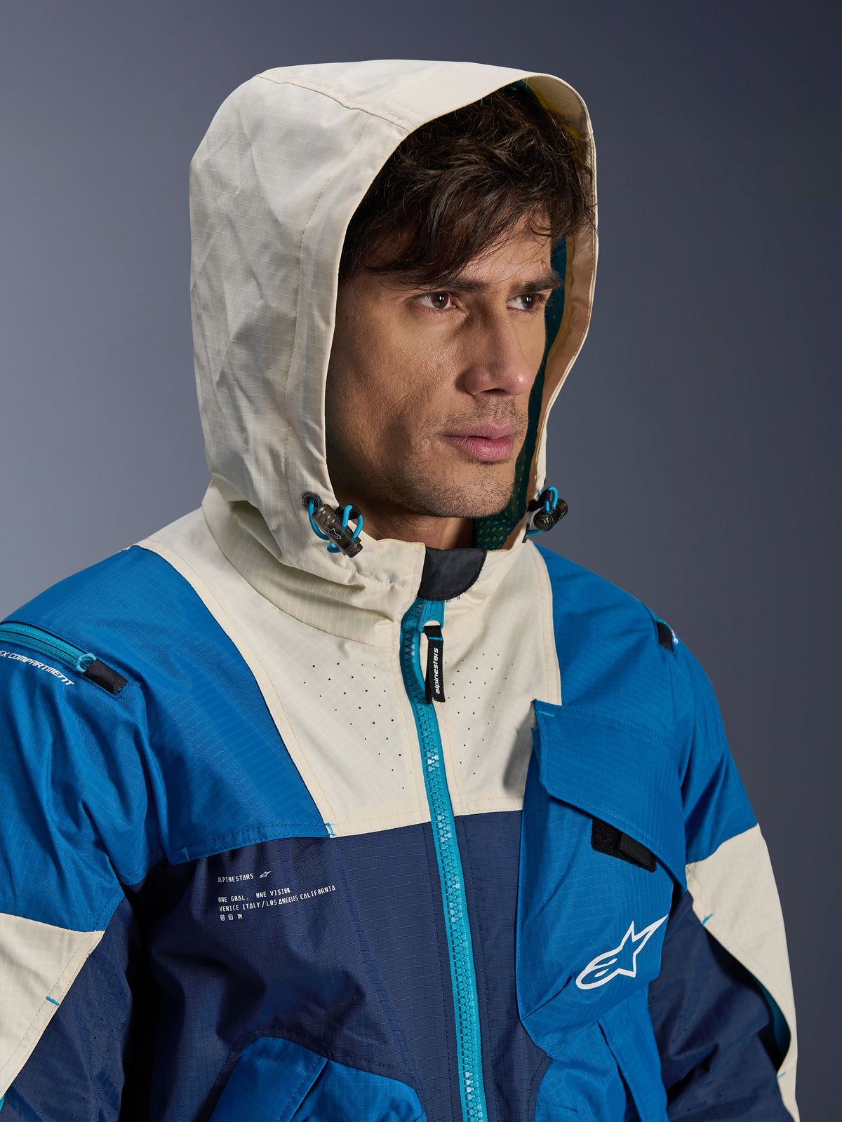 Alpinestars Mogress Air Jacket, Men's Urban Motorcycle Jacket, Blue and Almond, Ventilated Textile with Hood.