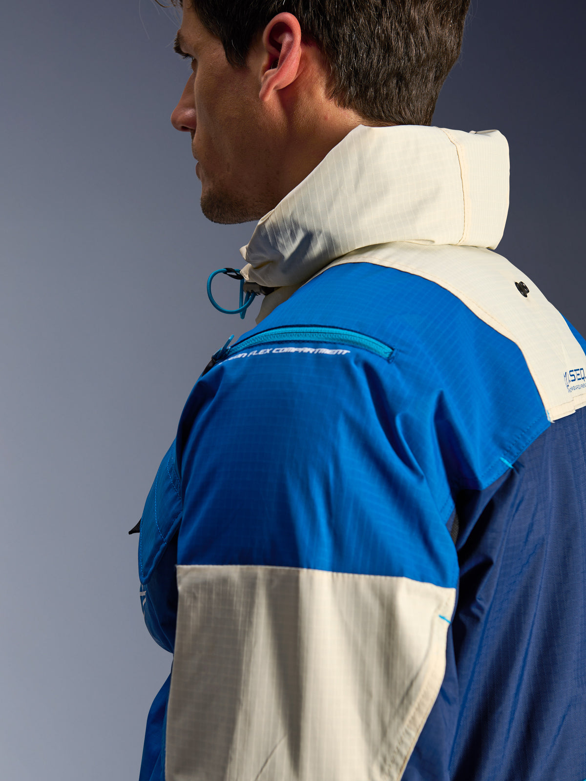 Alpinestars Mogress Air Jacket, Urban Motorcycle Jacket for Men, Blue Almond Recycled Ripstop with high collar and hood.