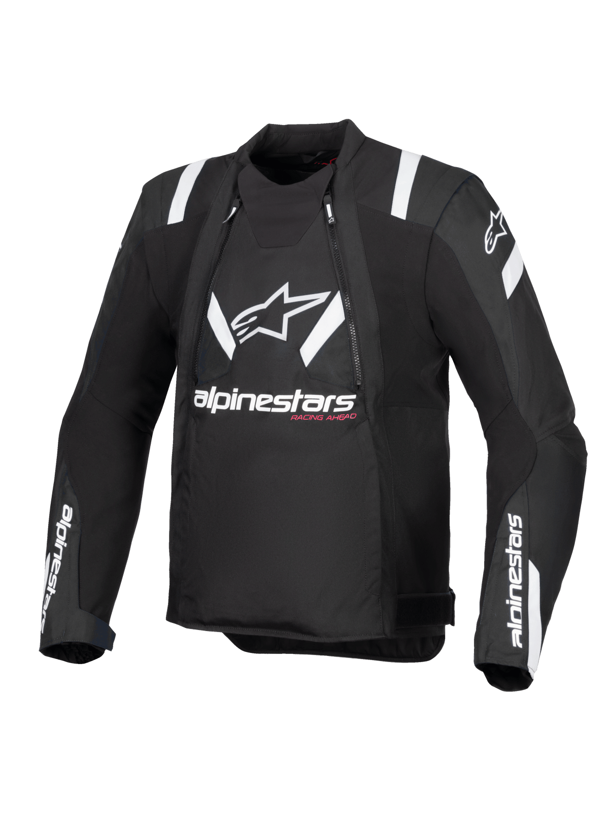 Alpinestars T-Stunt Air Jacket, Black and White, front view of sport-cut motorcycle jacket, featuring large white Alpinestars logo and text on chest, white accents on shoulders, and mesh panels for modular ventilation