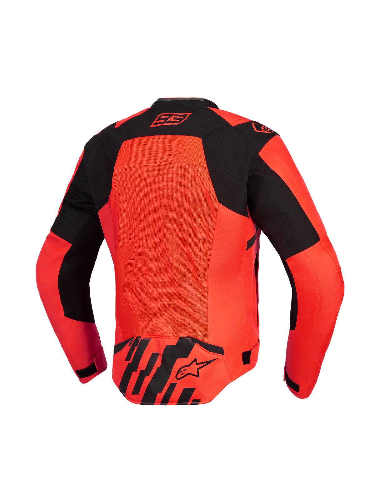 Alpinestars MM93 T-SPS Air V2 Jacket, back view, Red Fluo and Black, motorcycle jacket featuring a large mesh ventilation panel, signature Marc Marquez 93 logo on the collar, and Alpinestars logo on the lower back