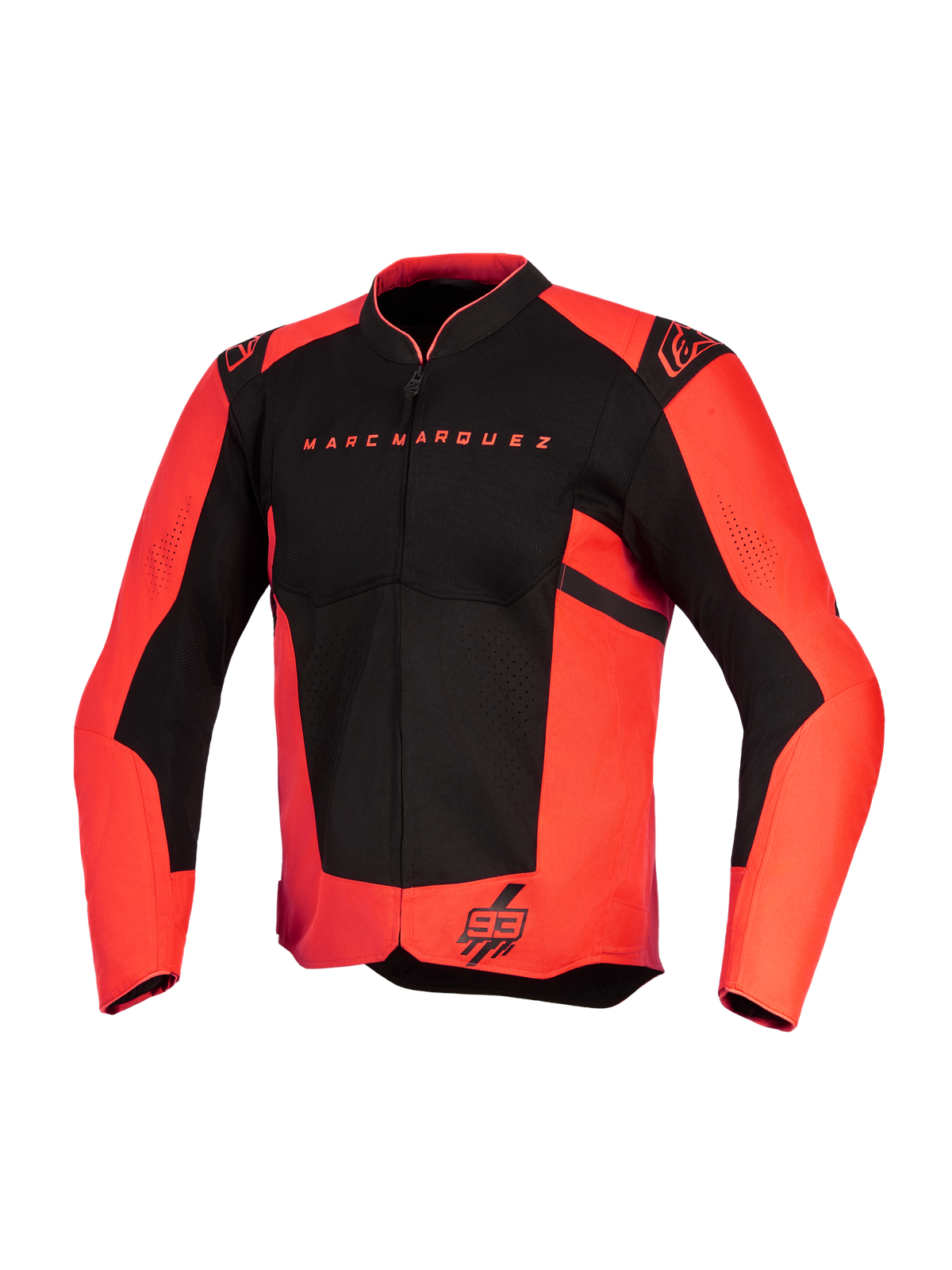 Alpinestars MM93 T-SPS Air V2 Jacket, Motorcycle Jacket, Red Fluo and Black, featuring Marc Marquez text on chest and 93 logo on hem, Alpinestars shoulder logos, mesh panels for airflow, textile sport cut design
