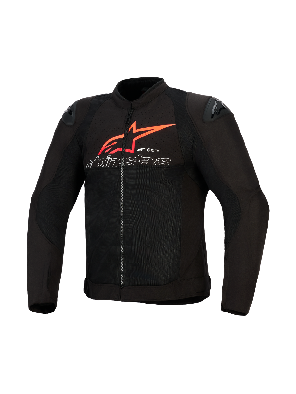 Alpinestars SMX Air Jacket, Motorcycle Jacket, Black with Bright Red and White accents, featuring a large red Alpinestars star logo and white outlined text on the chest, mesh paneling with black shoulder sliders, performance sport riding apparel.