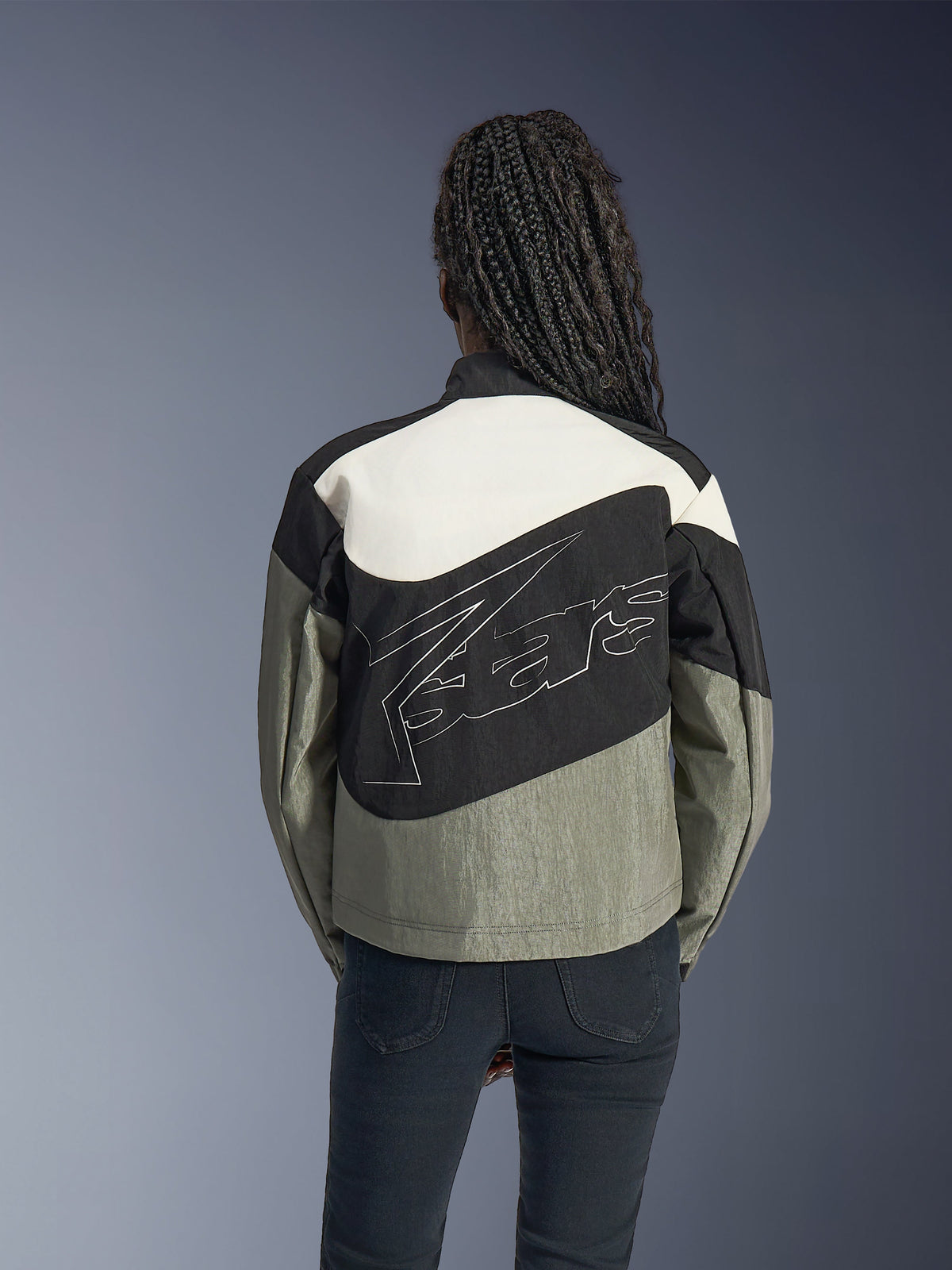 Alpinestars Stella Moshell Jacket, a women's urban motorcycle jacket in gray and black with large back logo graphics.