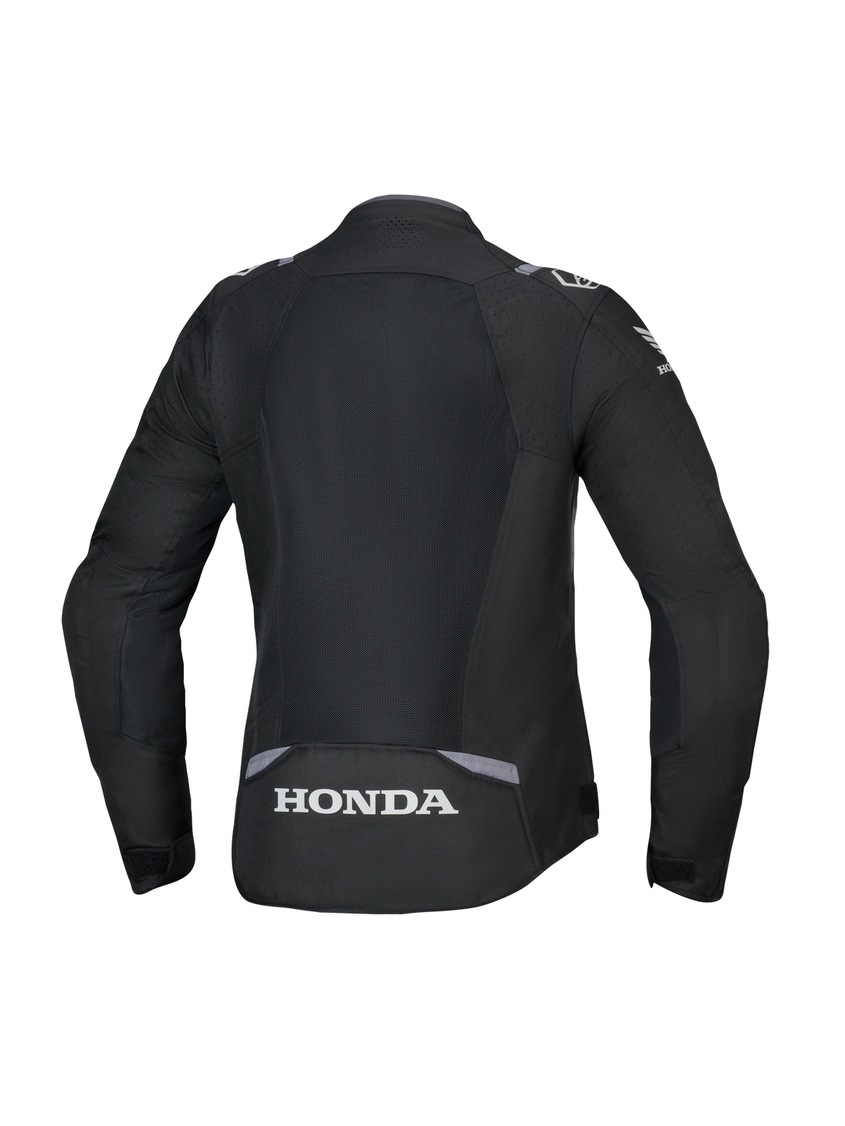 Alpinestars Honda Woman Stella T-SPS Air V2 Jacket, Rear View, Black with Dark Gray and Ice Gray accents, featuring a large tech mesh back panel and white Honda logo on the lower back, performance-orientated women's specific fit.