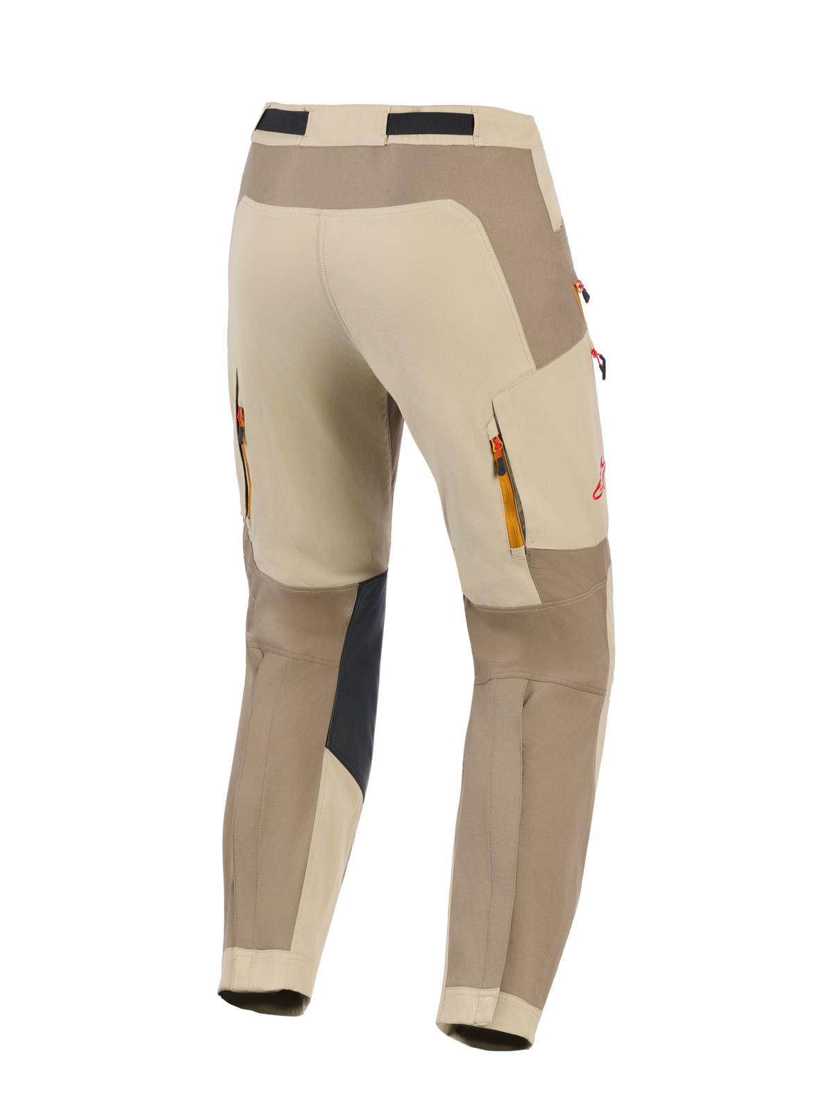 Alpinestars Maxdura Dual Pants, Walnut Aluminum, back view of adventure motorcycle pants in beige and brown, featuring black reinforced inner knee panels, zippered rear exhaust vents, red logo detail, and durable stretch polyamide construction for dual-sport riding