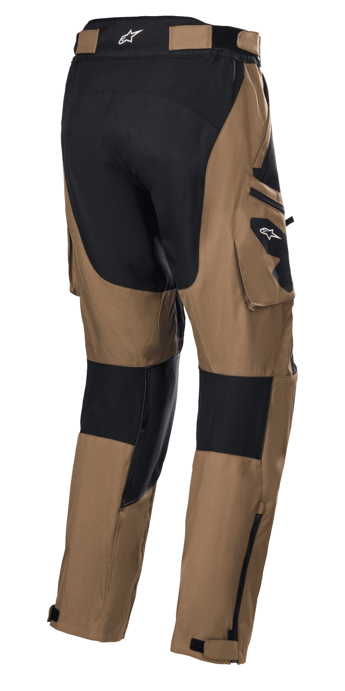 Alpinestars Venture XT Pants Over Boot, Camel and Black, Adventure Touring Motorcycle Pants, rear view featuring cargo pockets and black reinforcement panels, water-resistant textile construction with adjustable lower leg zippers for over-the-boot fit