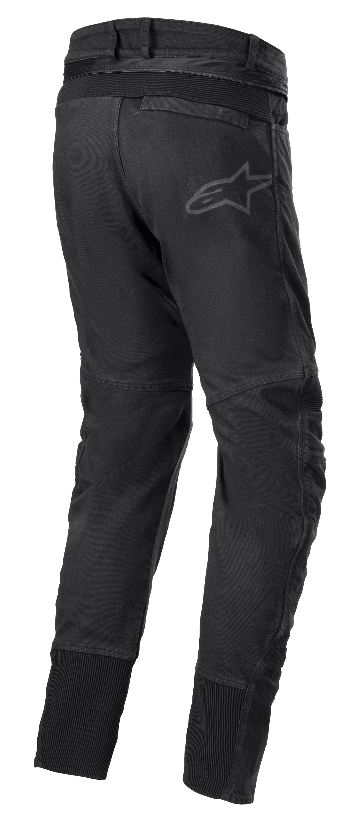 Alpinestars SP Pro Pants, Technical Motorcycle Sport Pants in Black, rear view showing waist connection zipper, RIDEKNIT stretch inserts on the back yoke and calves, and subtle logo branding.