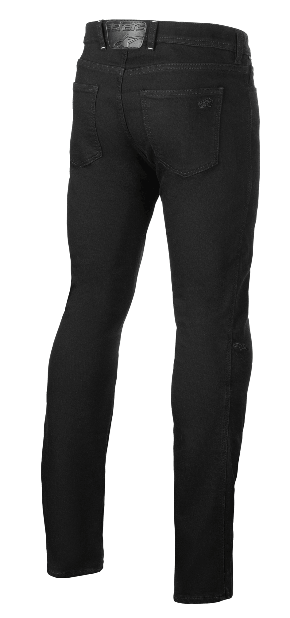 Alpinestars Cult-8 Stretch Denim Pants, Black Rinse, rear view of motorcycle riding jeans, straight leg regular fit, featuring back pockets and embossed leather logo patch on the waistband, casual urban style.