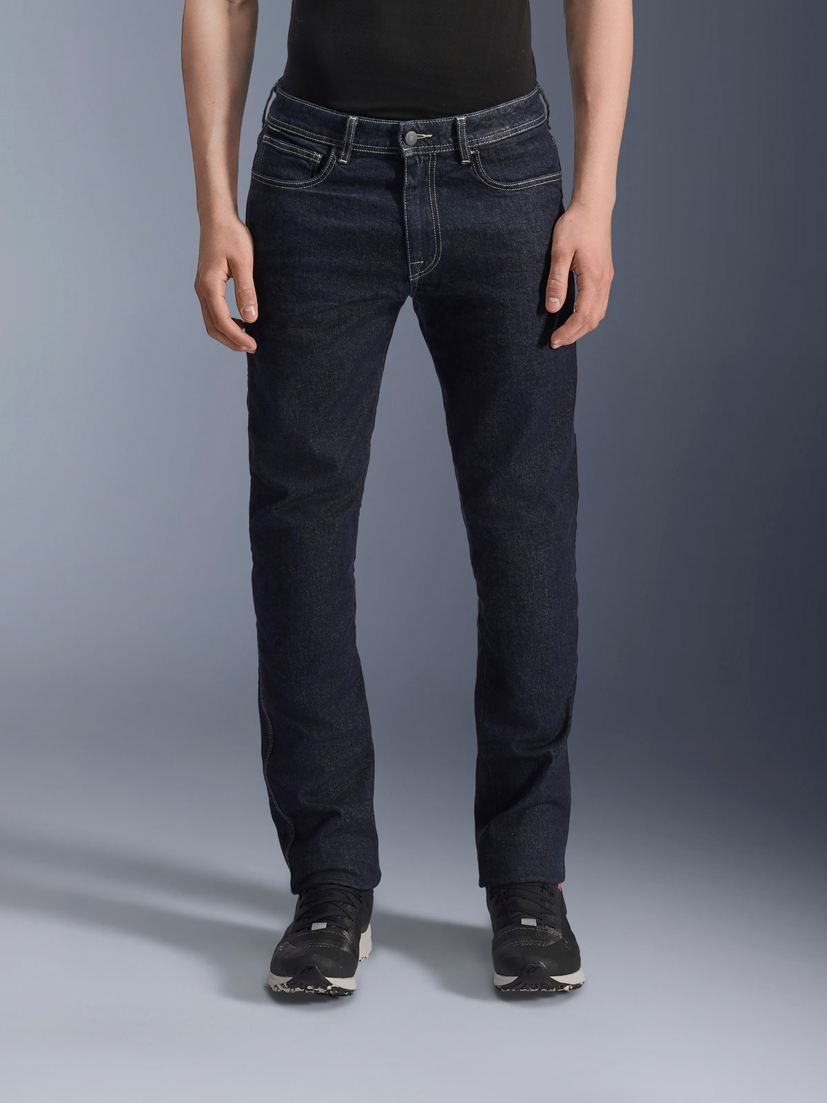 Alpinestars Copper V3 Denim Pants, Men's Urban Motorcycle Riding Jeans, Rinse Blue, stretch cotton denim construction with regular fit and straight leg cut, front view on model.