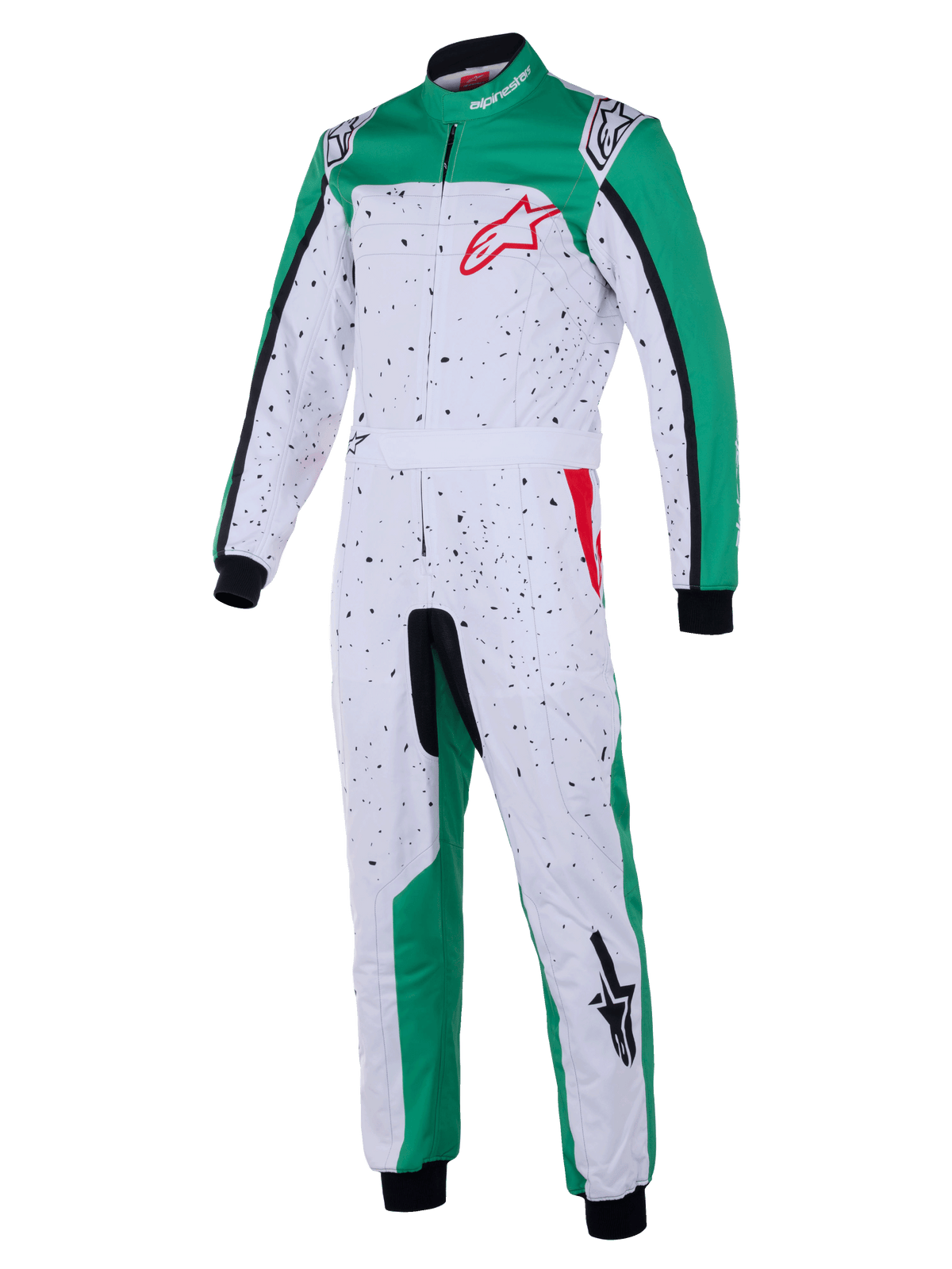 Alpinestars KMX-9 V3 Graphic 6 Suit, Karting Suit, White Green and Red, white body with black speckled graphic, green side panels on legs and shoulders, red Alpinestars logo on chest, black wrist and ankle cuffs