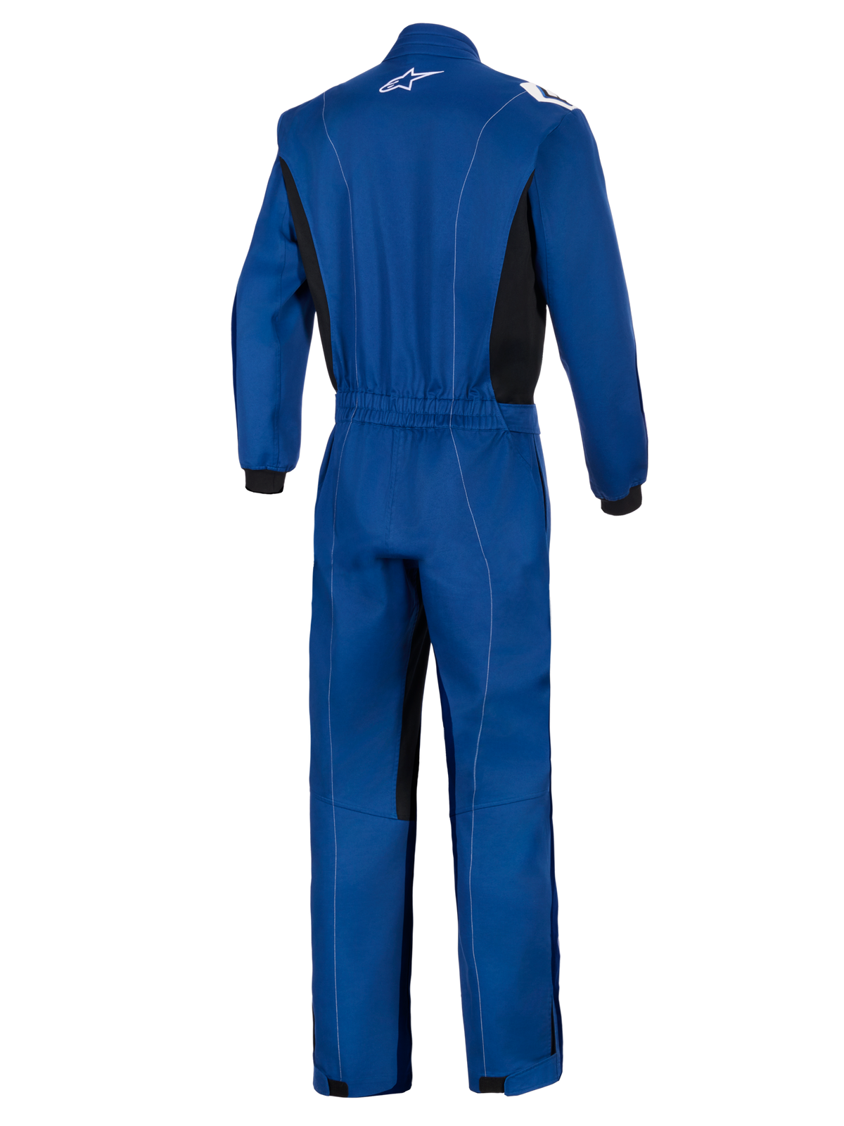 Alpinestars Kart Indoor V2 Suit, Blue, Rear view of a single-layer kart racing suit, featuring an elastic waistband, black side panels, white contrast stitching, and white Alpinestars logo on the collar.