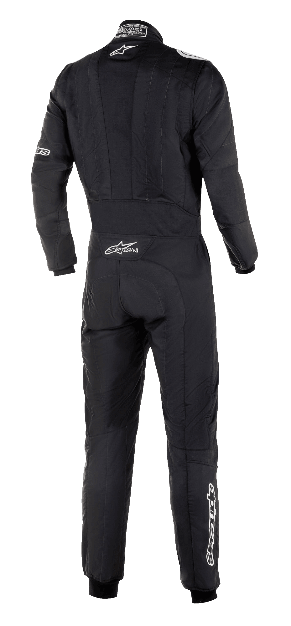 Alpinestars GP Tech V3 Suit FIA, Rear View of Black Auto Racing Suit, white Alpinestars logo and GP Tech V3 branding on lower back, professional motorsport gear with visible stretch panels and athletic fit.