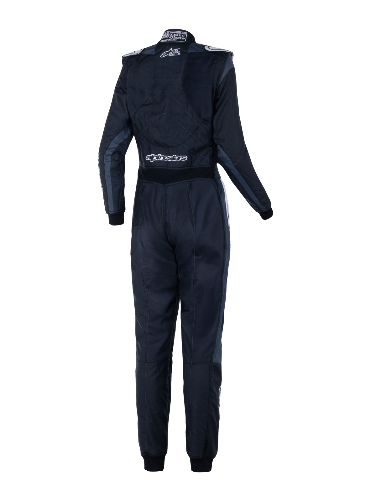 Alpinestars Woman Stella GP Pro Comp V2 Suit - FIA, Rear View, Black Asphalt and White, featuring white Stella and Alpinestars logos, professional auto racing suit with shoulder epaulettes and anatomical paneling for women.