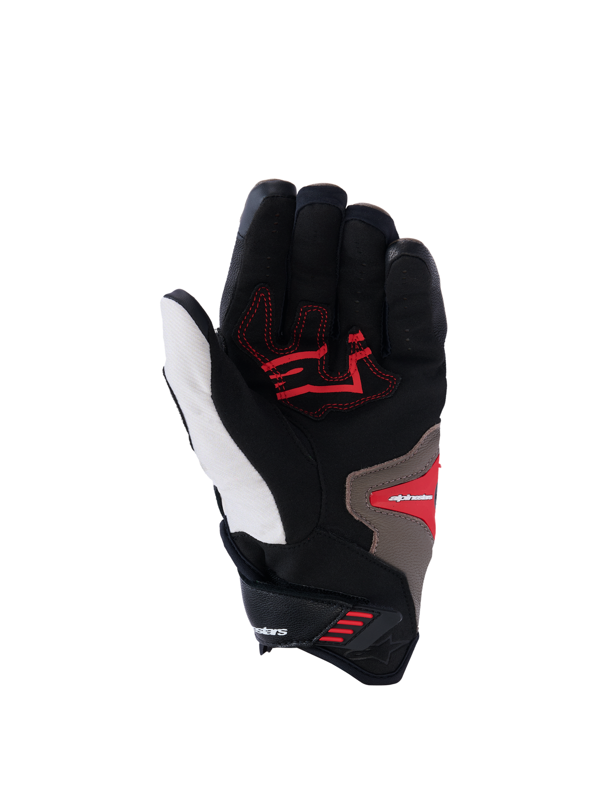 Alpinestars SP-R Pro Gloves, Palm View, Walnut Mastic Black colorway, featuring red grip inserts on a black and white base with tan accents, short cuff sport motorcycle gloves with reinforced palm and ergonomic design.