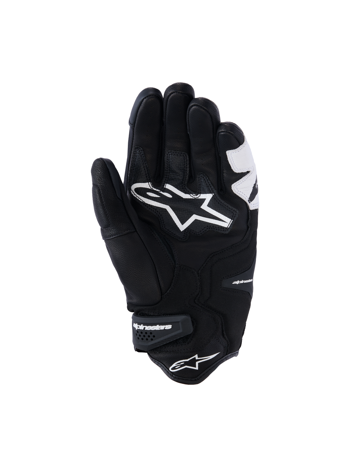 Alpinestars SP-R Tech Gloves, Black and White, palm view showing reinforced leather construction, large white Alpinestars logo on the palm, and a short cuff with branded velcro strap, sport and racing motorcycle gloves