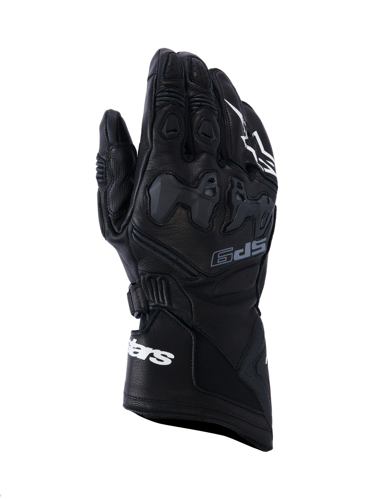 Alpinestars SP-9 Gloves, Black Motorcycle Racing Gloves, full-grain leather with SP-R TPU knuckle protection, long cuff with white Alpinestars branding, perforated details and ergonomic sport design