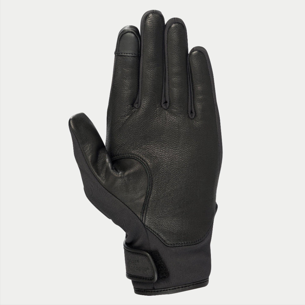 Alpinestars C1 Windstopper V2 Gloves, Black, palm view featuring full-grain leather reinforcements on palm and thumb, touchscreen-compatible index fingertip, short cuff with hook and loop closure, urban commuting motorcycle glove