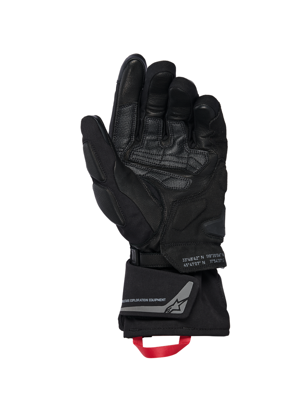 Alpinestars WT-8 GORE-TEX Insulated Gloves, Motorcycle Gloves, Black, inner palm view showing reinforced leather patches and padded sliders, long cuff with a red pull loop and Alpinestars Exploration Equipment branding with geographic coordinates, technical road and adventure design