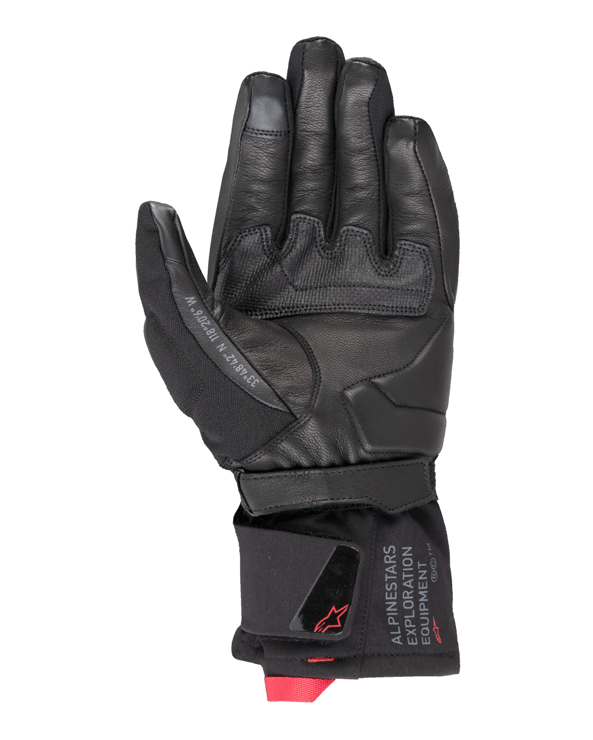 Alpinestars WT-4 GORE-TEX Insulated Glove, Motorcycle Glove, Black, palm view featuring leather construction with a rubber grip patch, mid-length cuff with Alpinestars Exploration Equipment branding and red logo accents