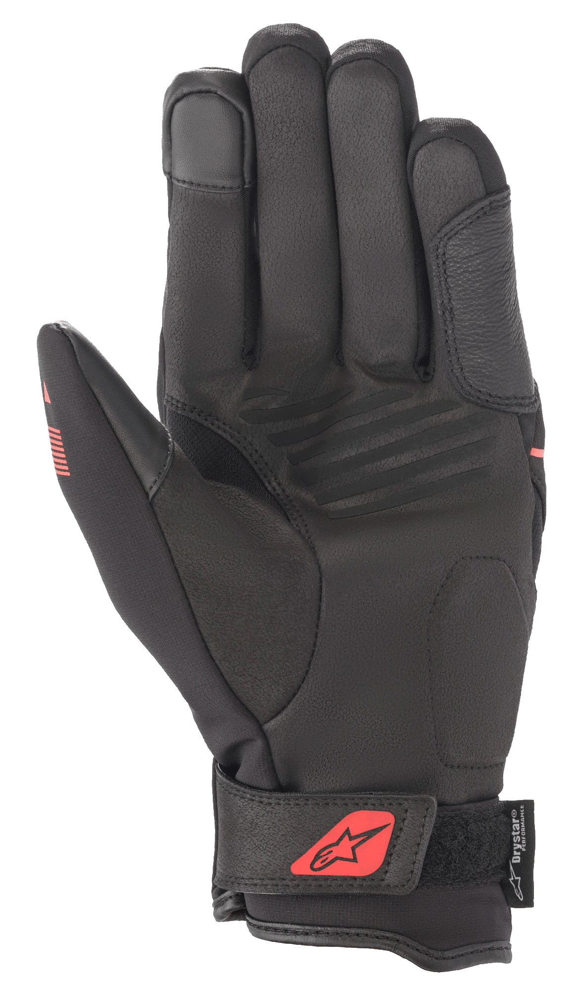 Alpinestars Syncro V2 Drystar® Gloves, Black and Red Fluo, palm view showing synthetic suede construction, padded palm for protection, adjustable wrist strap with red logo, and Drystar® branding.