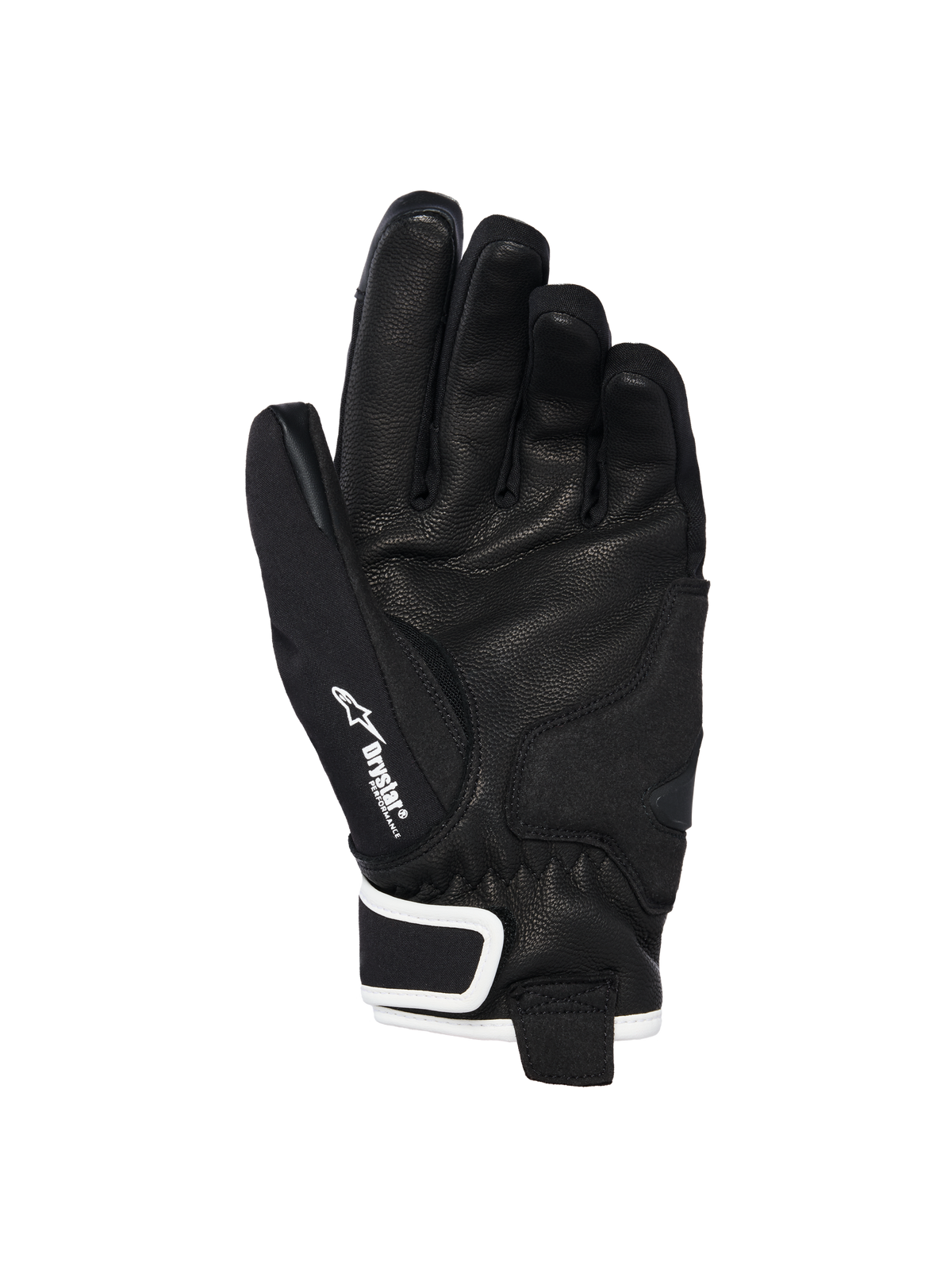 Alpinestars Stella Moblast Waterproof Gloves, palm view, black goat leather with textured grip, white accents and Drystar branding, short-cuff design for urban motorcycle riding
