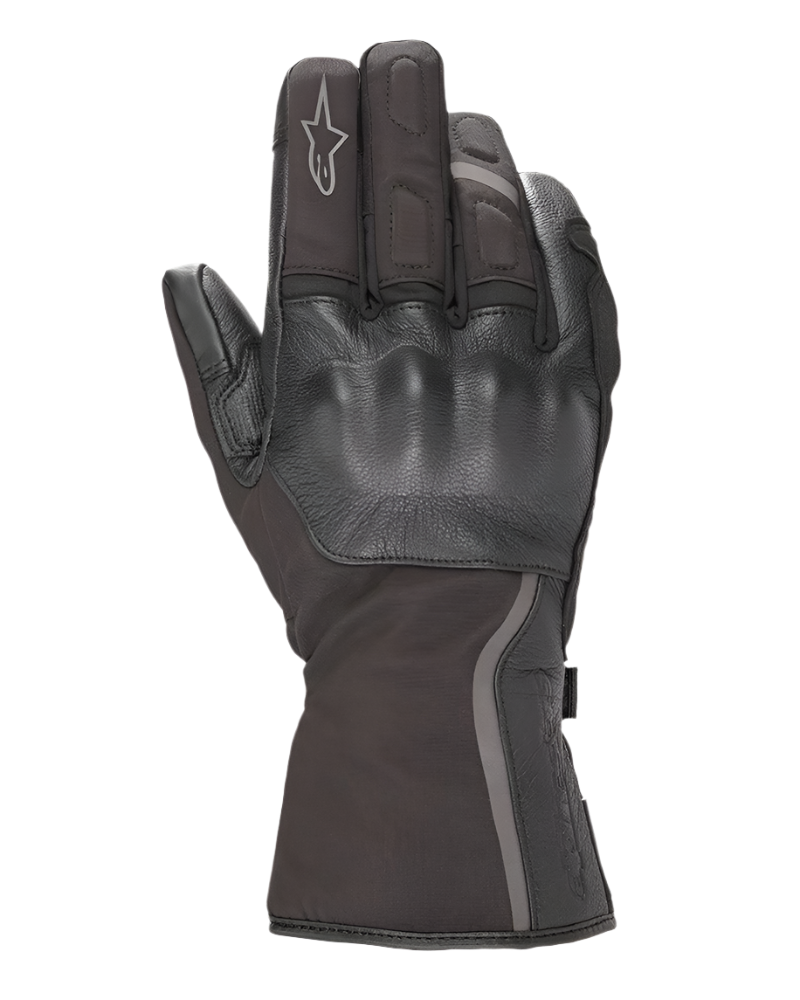 Alpinestars Women Stella Tourer W-7 Drystar® Gloves, Black, backhand view featuring leather-covered hard knuckle protection, long touring cuff with reflective piping, Alpinestars logo on index finger, waterproof textile and leather construction
