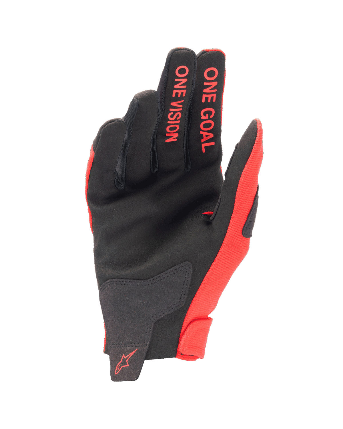 Alpinestars Youth 2024 Radar Gloves, Motocross Gloves, Mars Red and Black, palm view showing synthetic suede construction, 'ONE GOAL ONE VISION' text on fingers, lightweight off-road racing gear
