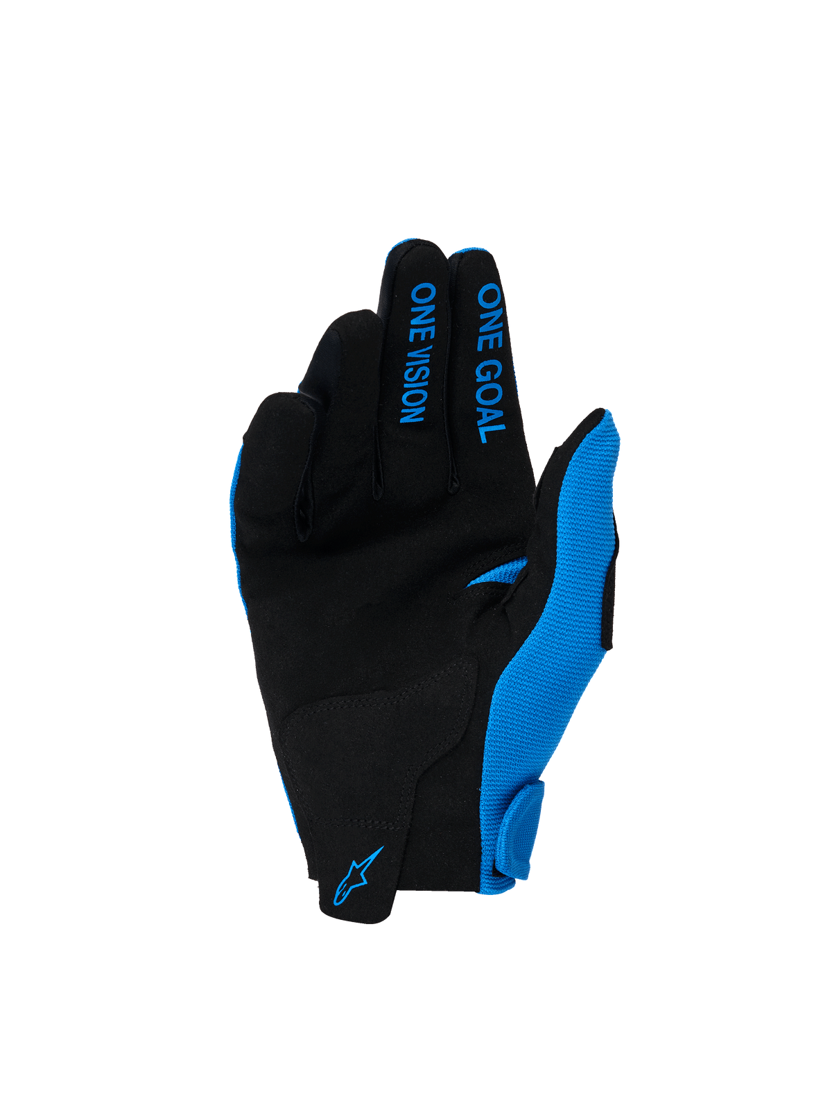Alpinestars 2026 Youth Radar Gloves, Motocross Gloves, Ucla Blue and White, synthetic suede palm in black, blue 'ONE GOAL' and 'ONE VISION' text on fingers, blue Alpinestars logo on wrist, designed for off-road performance