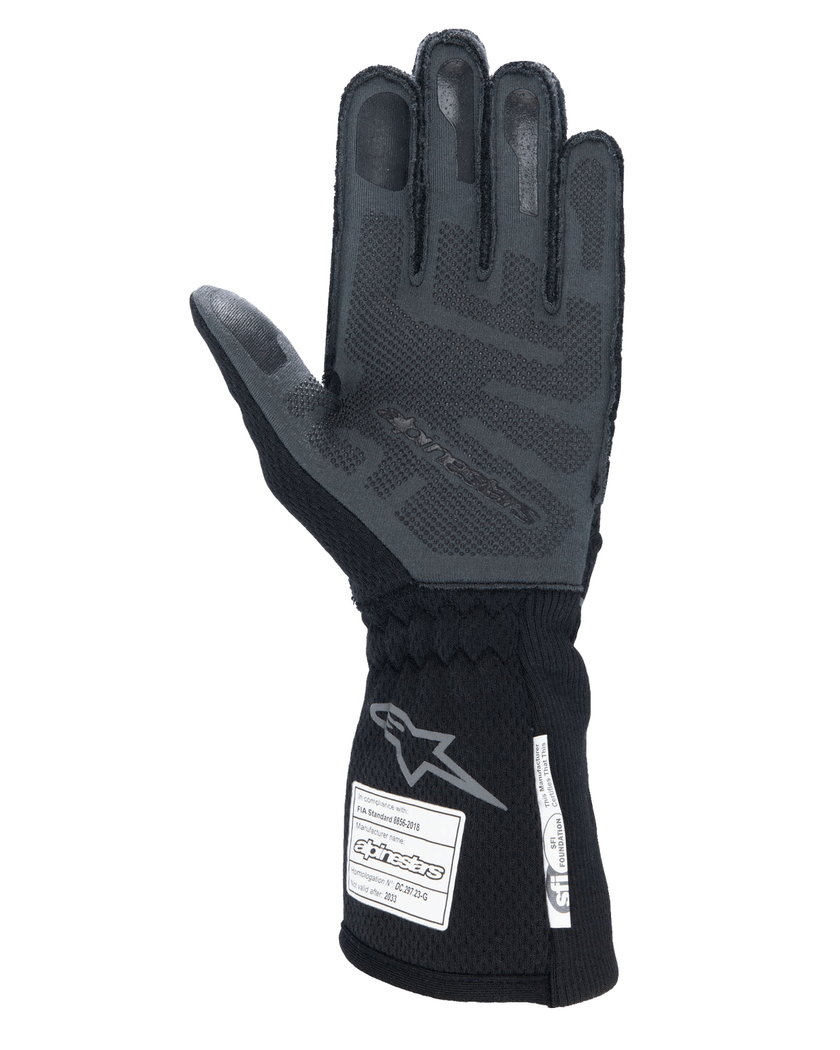 Alpinestars Tech-1 ZX V4 Gloves, Black Anthracite, palm view featuring textured 3D silicone grip, long cuff with FIA and SFI safety certification labels, professional auto racing gloves