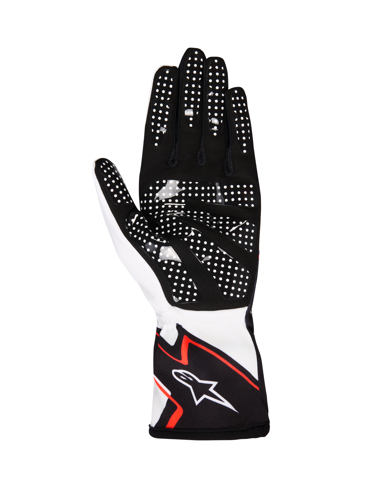 Alpinestars Tech-1 K Race V2 Gloves Graphic 1, Karting Gloves, White Black and Hot Orange, palm view featuring black synthetic suede with white silicone grip dots, ergonomic design with Alpinestars logo on the cuff