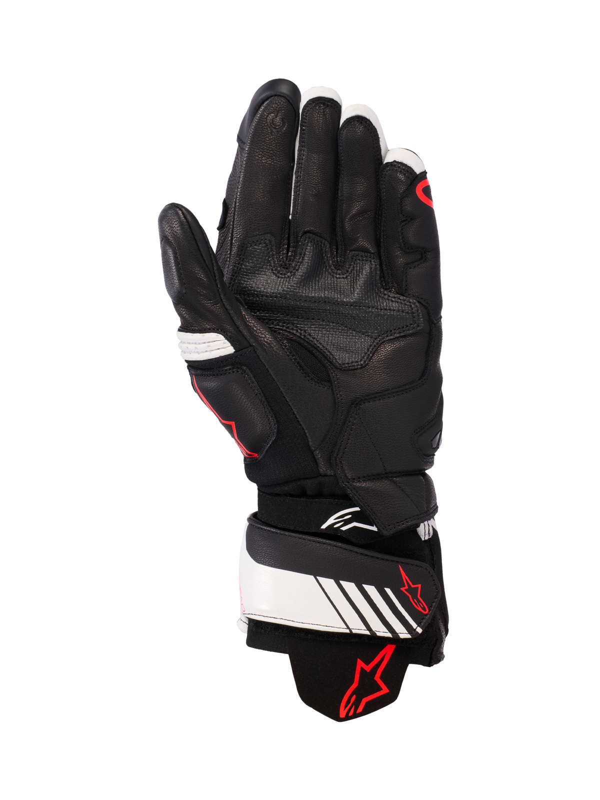 Alpinestars GP Plus R v3 Leather Gloves, Black White and Red Fluo, palm view showing full leather construction with reinforced padding, white wrist strap with red Alpinestars logo, racing-inspired protective gear for motorcycle riders