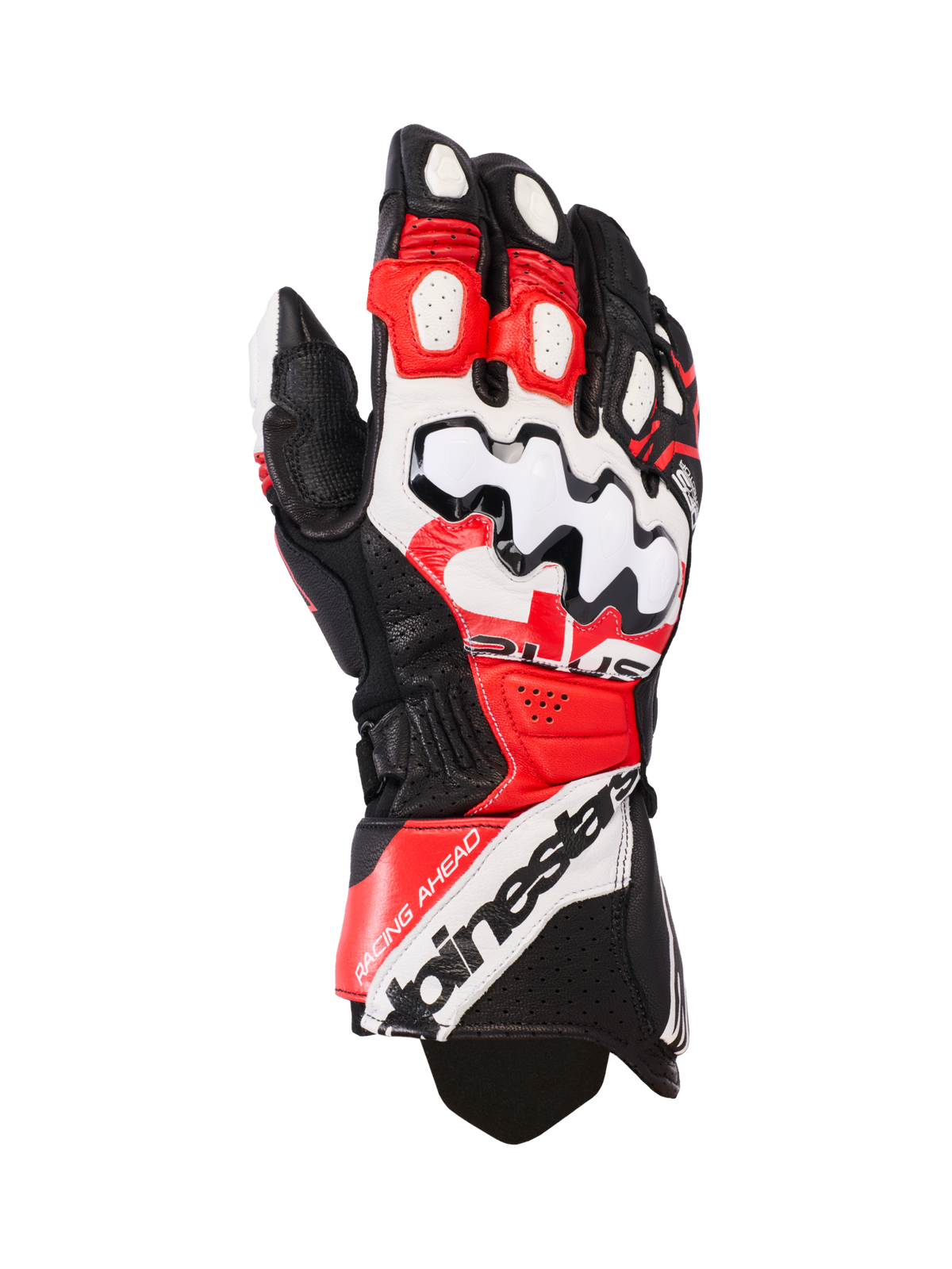 Alpinestars GP Plus R V3 Leather Gloves, Motorcycle Racing Gloves, Black White and Bright Red, featuring a large white knuckle protector with black wave patterns, perforated leather panels for ventilation, and Alpinestars branding on the cuff.