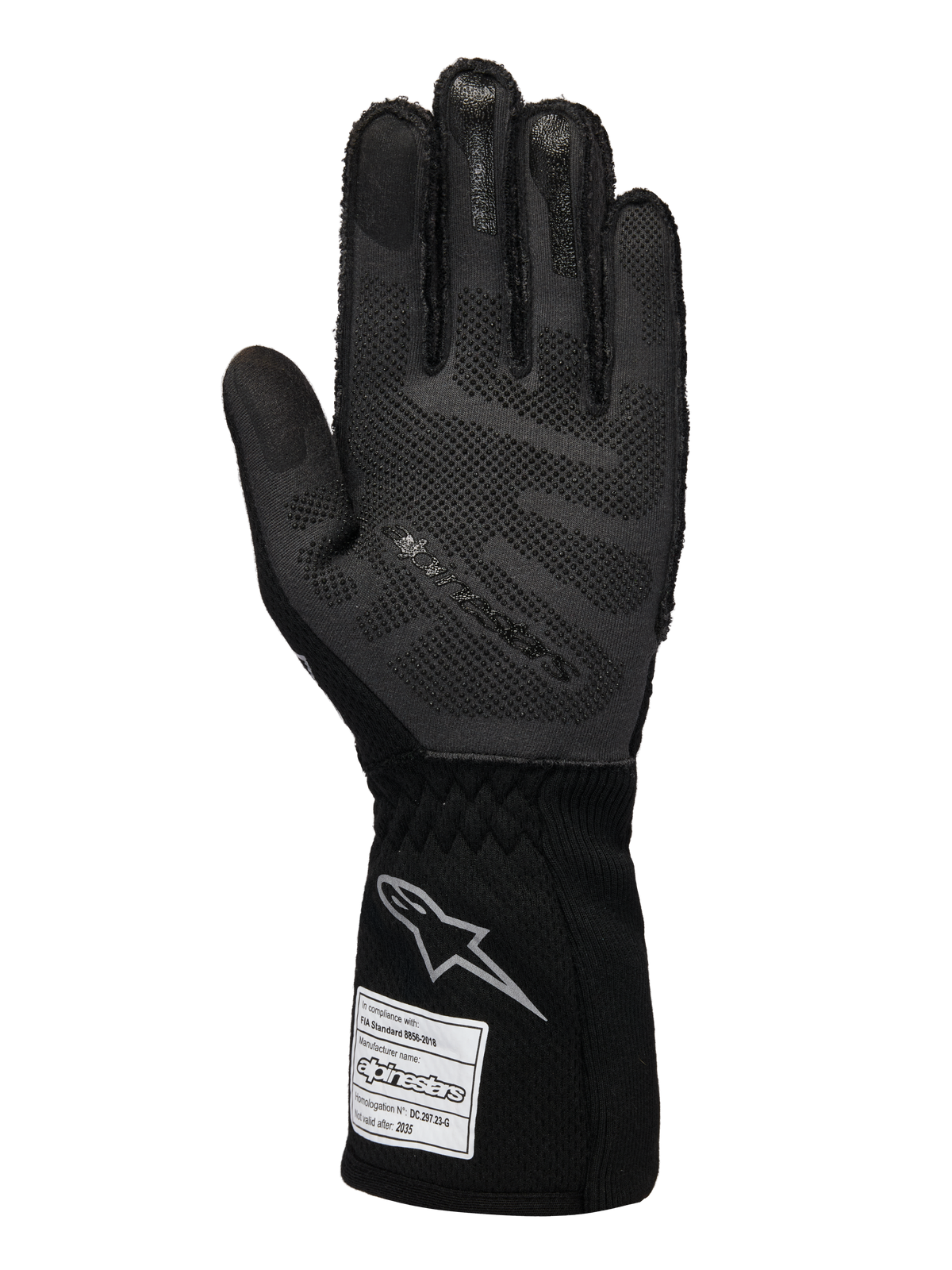 Alpinestars Limited Edition Lamborghini Tech-1 ZX V4 Gloves, Auto Racing Gloves, Black and Dark Gray, palm view featuring 3D silicone grip technology, silver logo on the cuff, FIA homologation tag, professional motorsport gear