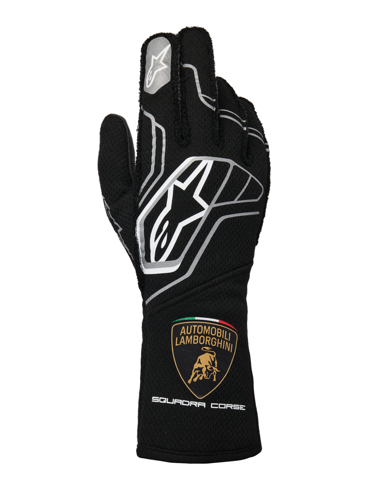 Alpinestars Limited Edition Lamborghini Tech-1 ZX V4 Gloves, Black with Dark Gray and White accents, featuring the prominent Alpinestars logo and the Automobili Lamborghini Squadra Corse shield on the cuff, professional FIA-certified auto racing gloves