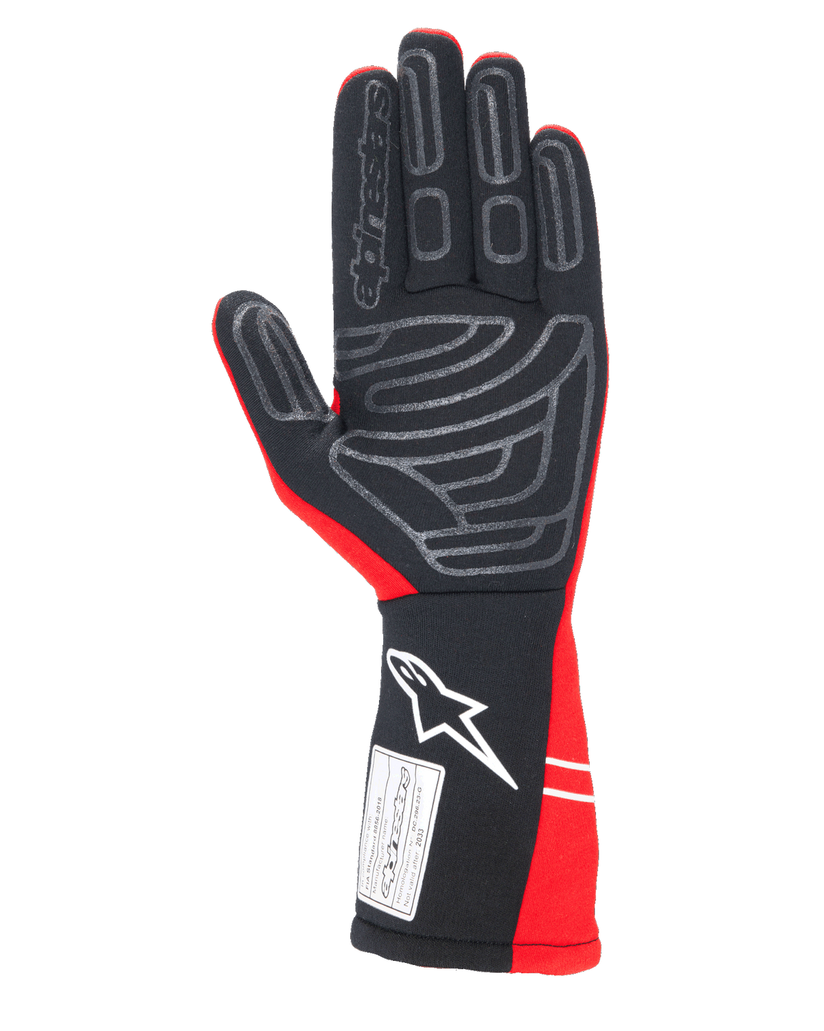 Alpinestars Tech-1 Start V4 Gloves FIA, Auto Racing Gloves, Red and Black, palm view featuring grey silicone grip patterns, white Alpinestars logo on the extended cuff, and FIA 8856-2018 certification label